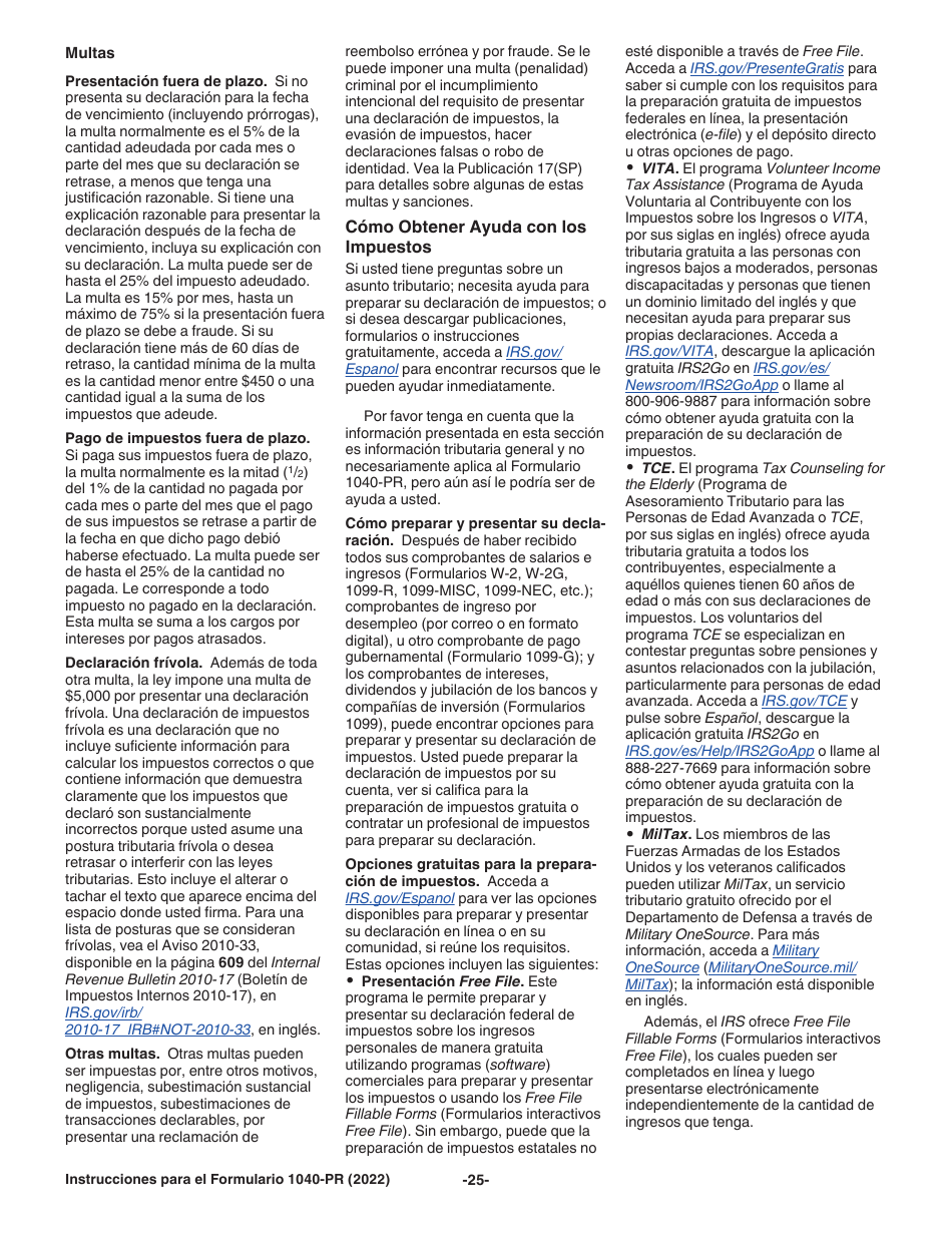 Instrucciones para IRS Formulario 1040-PR Declaracion De Impuestos Federal Sobre El Trabajo Por Cuenta Propia (Incluyendo El Credito Tributario Adicional Por Hijos Para Residentes Bona Fide De Puerto Rico) (Puerto Rican Spanish), Page 25