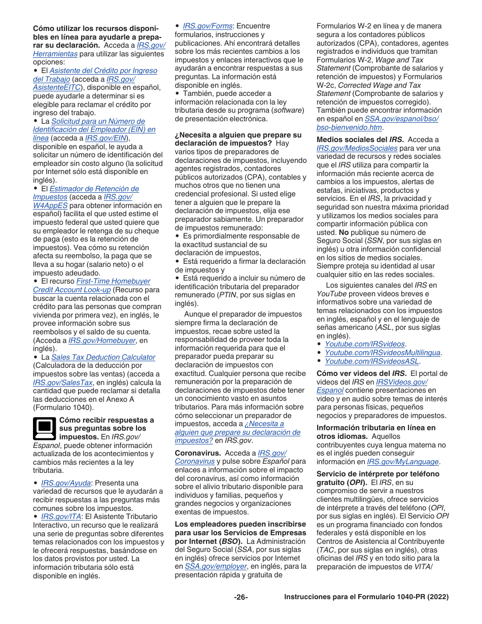 Instrucciones para IRS Formulario 1040-PR Declaracion De Impuestos Federal Sobre El Trabajo Por Cuenta Propia (Incluyendo El Credito Tributario Adicional Por Hijos Para Residentes Bona Fide De Puerto Rico) (Puerto Rican Spanish), Page 26