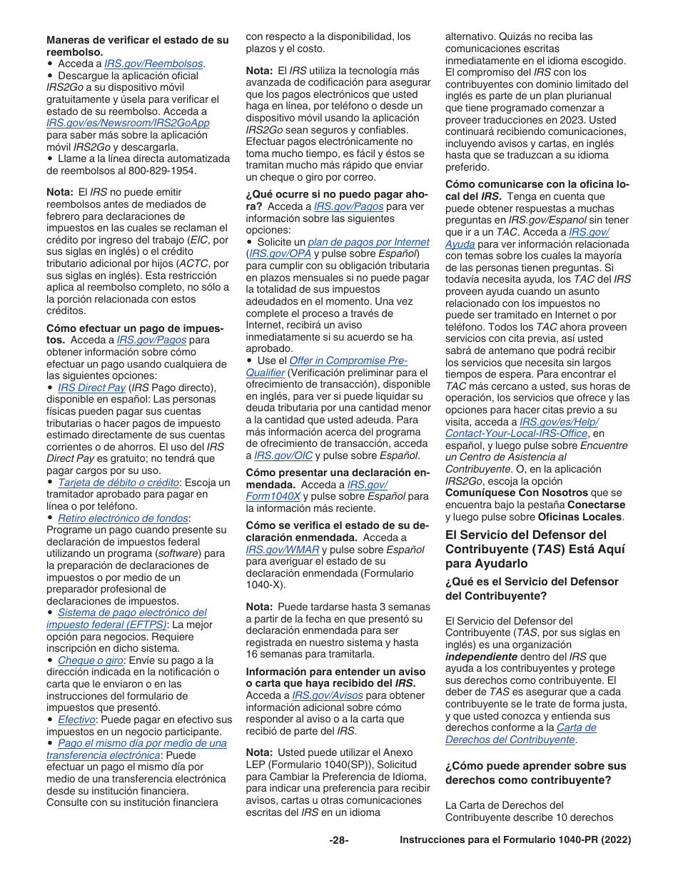 Instrucciones para IRS Formulario 1040-PR Declaracion De Impuestos Federal Sobre El Trabajo Por Cuenta Propia (Incluyendo El Credito Tributario Adicional Por Hijos Para Residentes Bona Fide De Puerto Rico) (Puerto Rican Spanish), Page 28