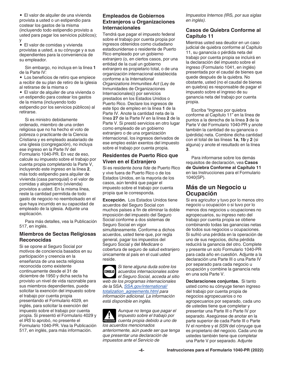 Instrucciones para IRS Formulario 1040-PR Declaracion De Impuestos Federal Sobre El Trabajo Por Cuenta Propia (Incluyendo El Credito Tributario Adicional Por Hijos Para Residentes Bona Fide De Puerto Rico) (Puerto Rican Spanish), Page 4