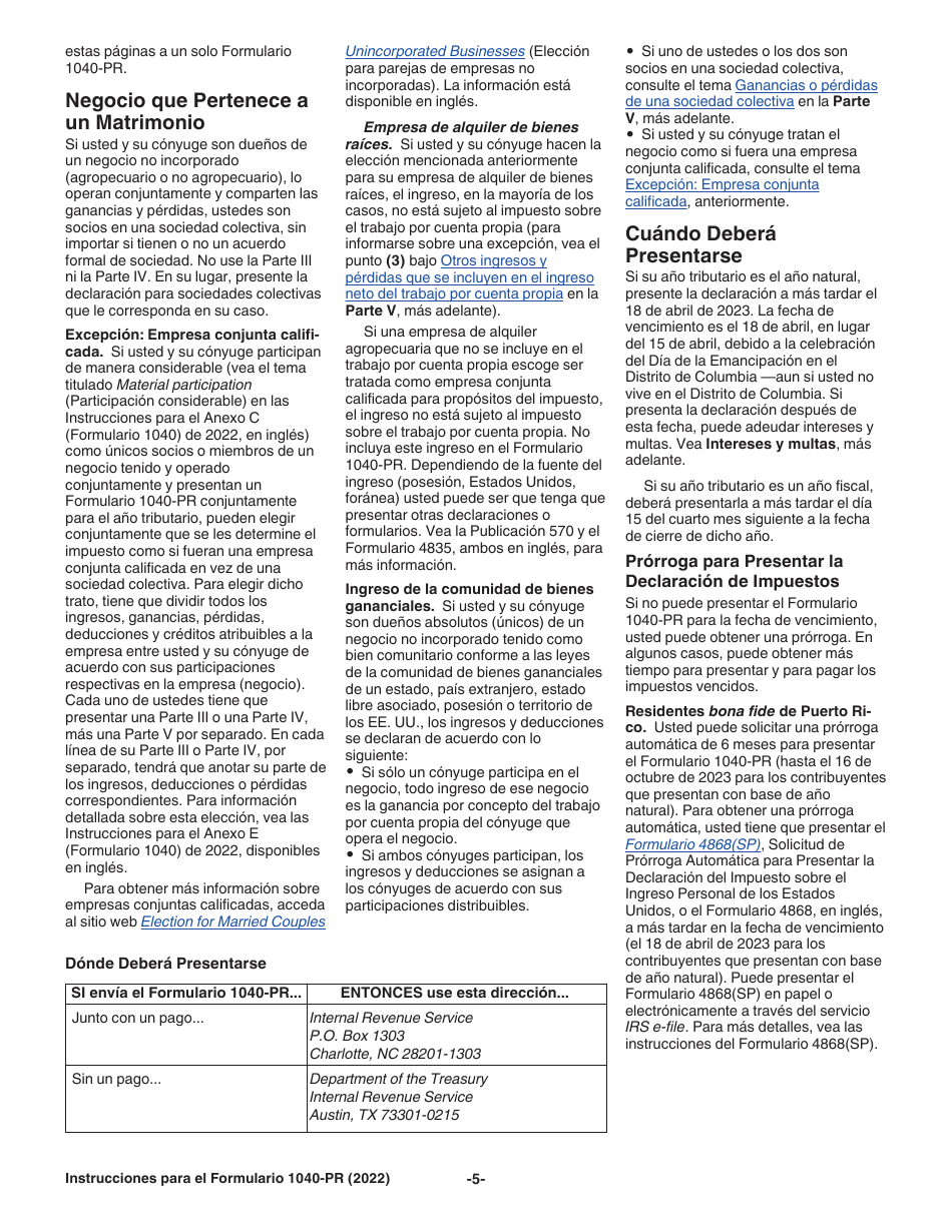 Instrucciones para IRS Formulario 1040-PR Declaracion De Impuestos Federal Sobre El Trabajo Por Cuenta Propia (Incluyendo El Credito Tributario Adicional Por Hijos Para Residentes Bona Fide De Puerto Rico) (Puerto Rican Spanish), Page 5