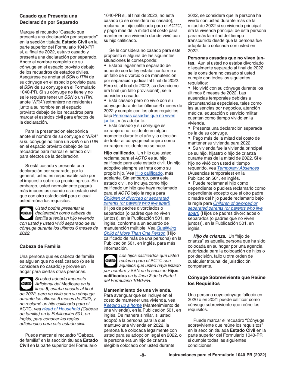Instrucciones para IRS Formulario 1040-PR Declaracion De Impuestos Federal Sobre El Trabajo Por Cuenta Propia (Incluyendo El Credito Tributario Adicional Por Hijos Para Residentes Bona Fide De Puerto Rico) (Puerto Rican Spanish), Page 8