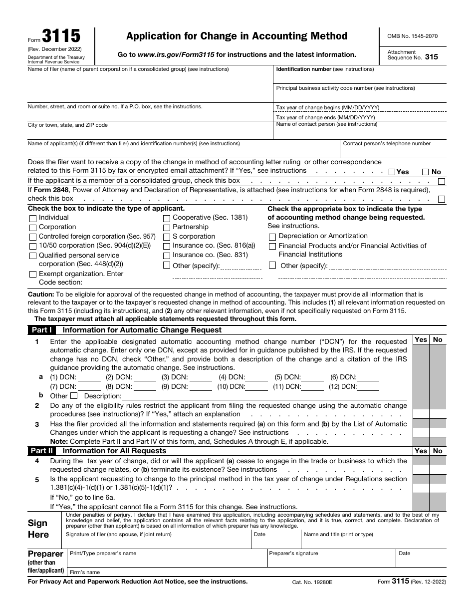 IRS Form 3115 Application for Change in Accounting Method, Page 1