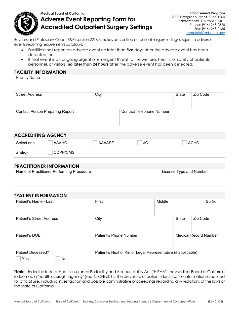 California Adverse Event Reporting Form for Accredited Outpatient