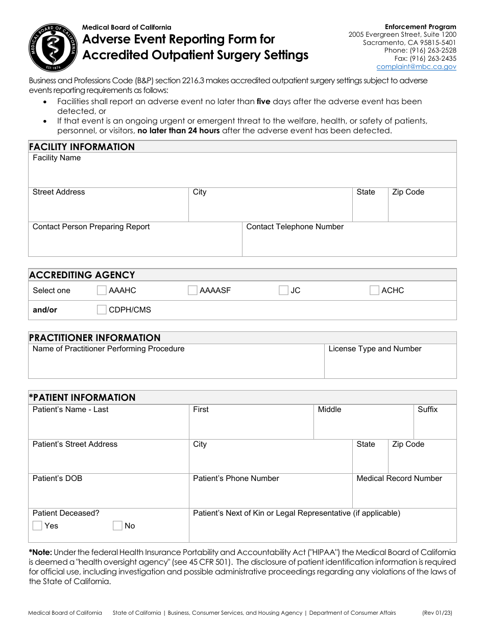 Adverse Event Reporting Form for Accredited Outpatient Surgery Settings - California, Page 1