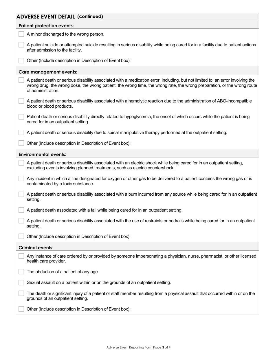 Adverse Event Reporting Form for Accredited Outpatient Surgery Settings - California, Page 3