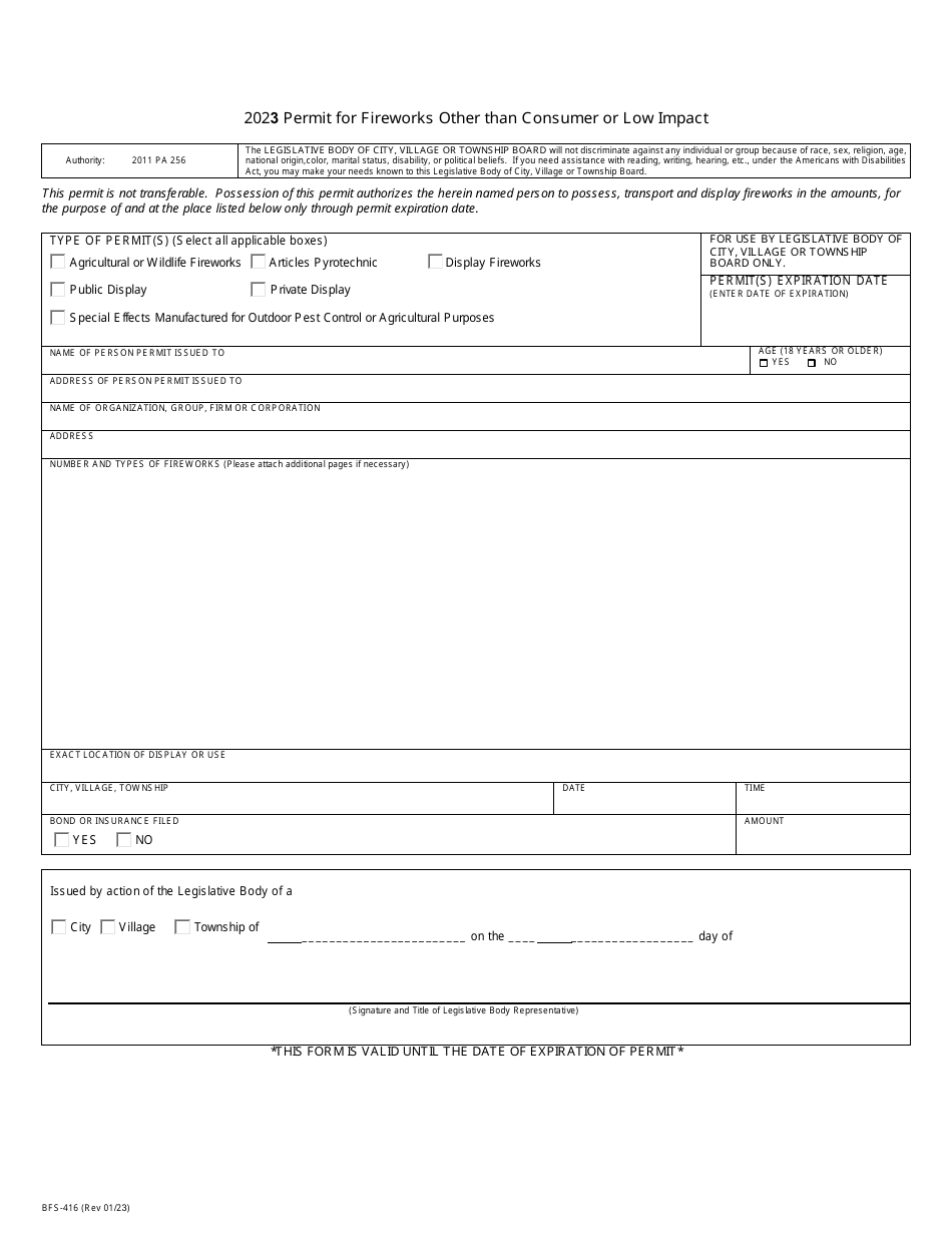 Form BFS-416 Permit for Fireworks Other Than Consumer or Low Impact - Michigan, Page 1