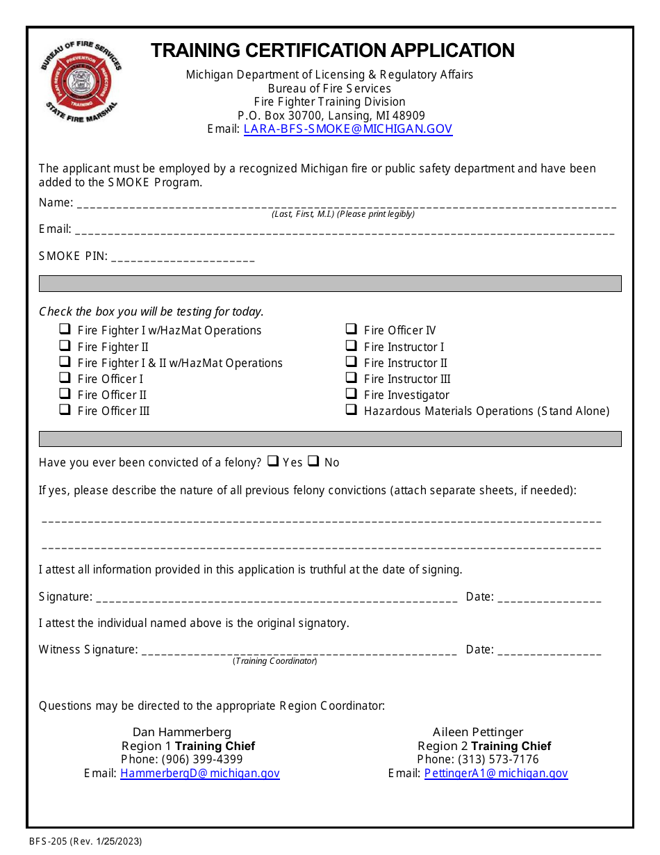 Form BFS-205 Training Certification Application - Michigan, Page 1