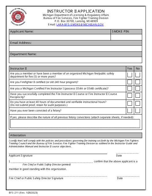Form BFS-211 Instructor II Application - Michigan