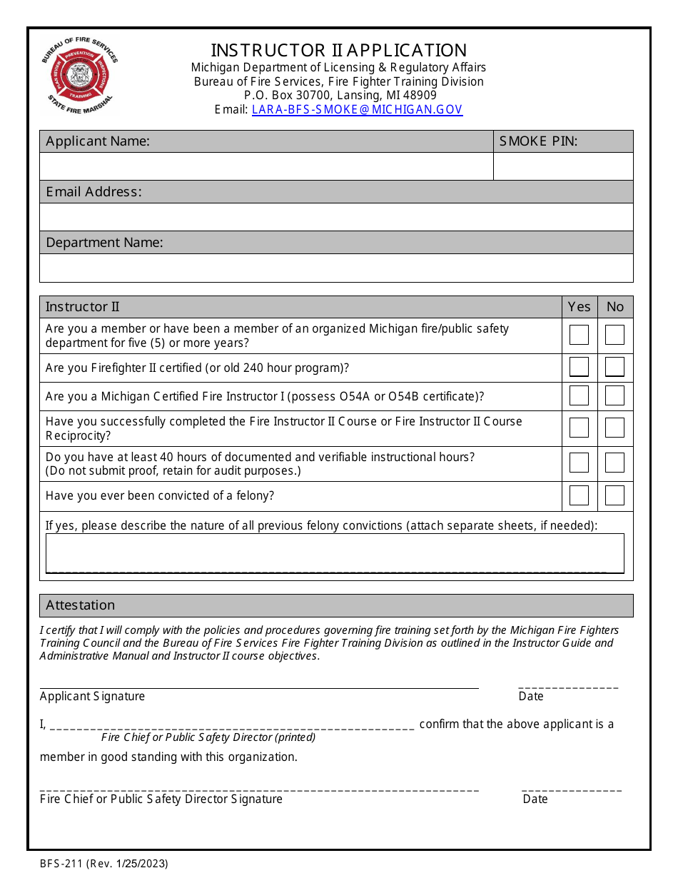 Form BFS-211 Instructor II Application - Michigan, Page 1