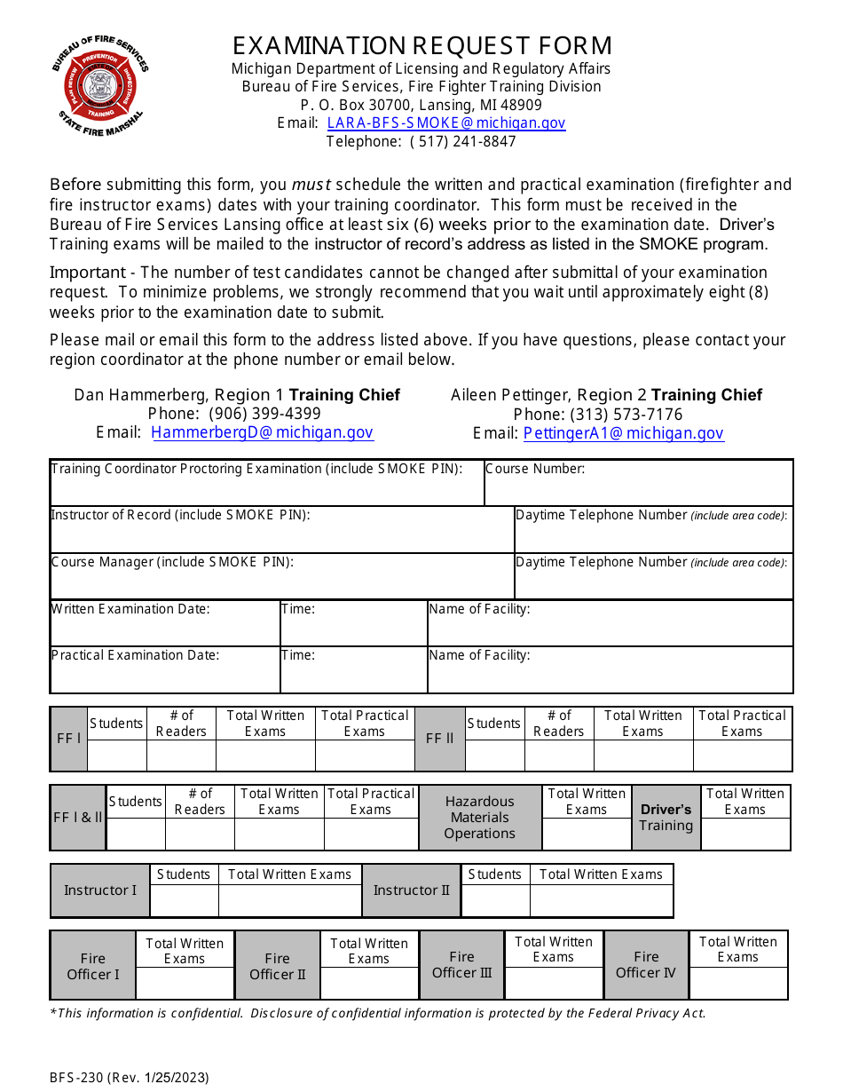 Form BFS-230 Examination Request Form - Michigan, Page 1