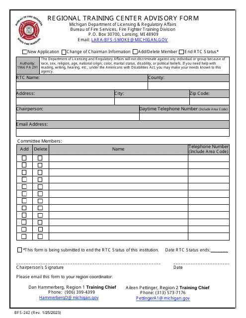 Form BFS-242 Regional Training Center Advisory Form - Michigan