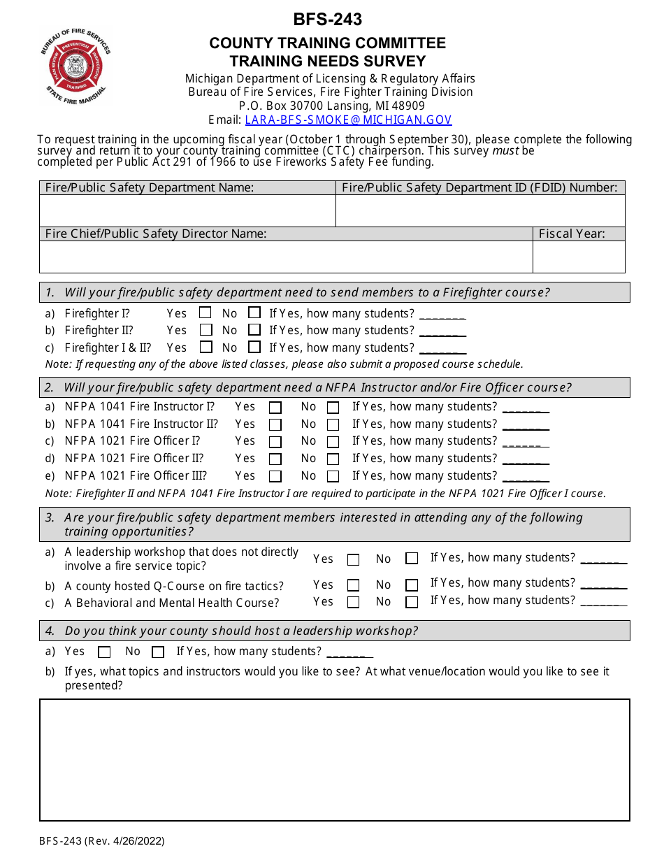 Form BFS-243 County Training Committee Training Needs Survey - Michigan, Page 1
