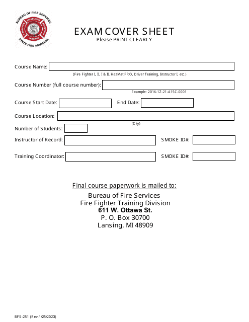 Form BFS-251 Exam Cover Sheet - Michigan