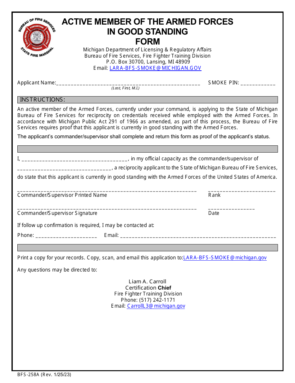 Form BFS-258A Active Member of the Armed Forces in Good Standing Form - Michigan, Page 1