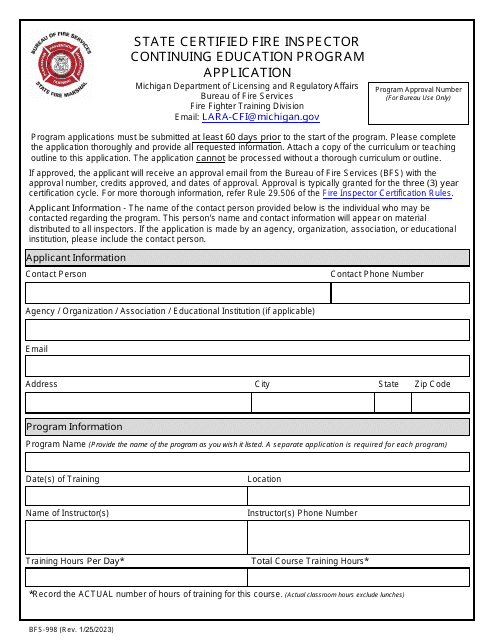 Form BFS-998 State Certified Fire Inspector Continuing Education Program Application - Michigan