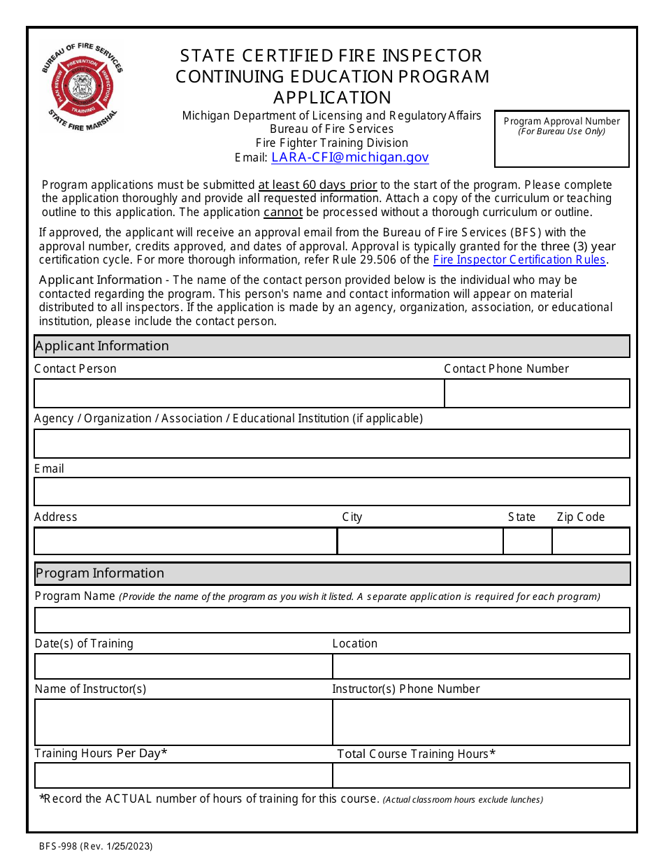 Form BFS-998 State Certified Fire Inspector Continuing Education Program Application - Michigan, Page 1