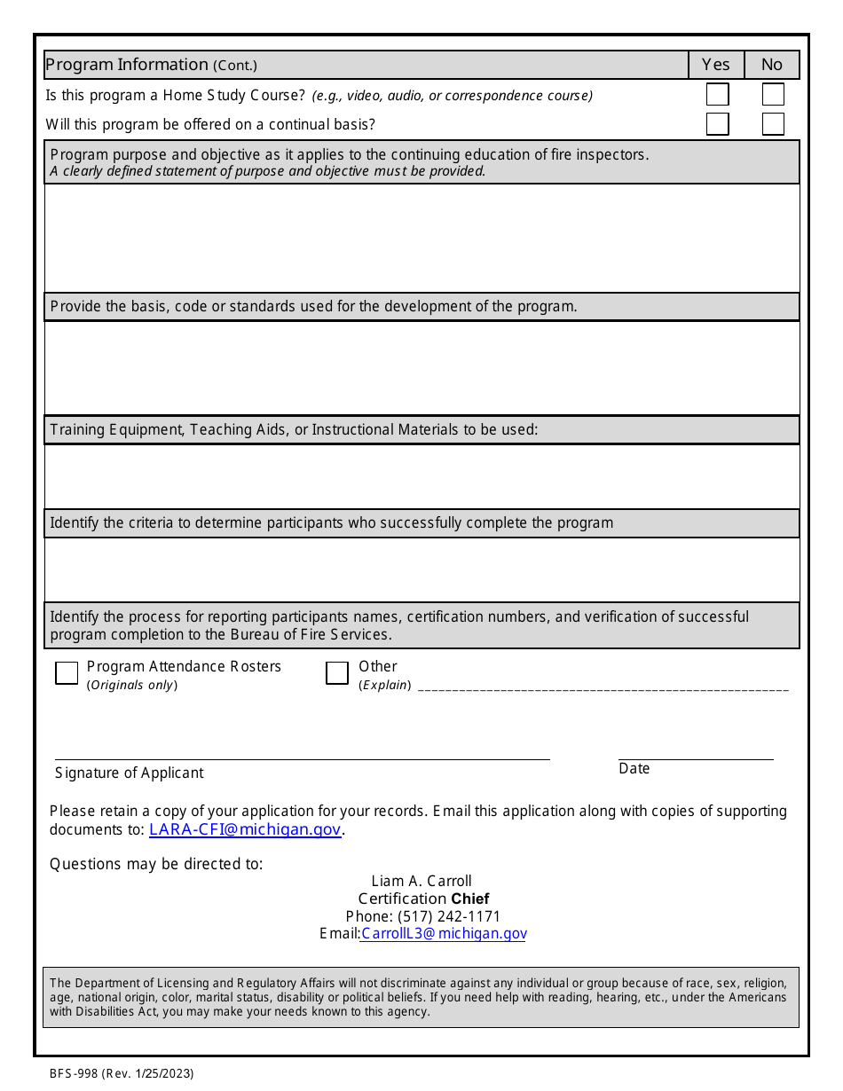 Form BFS-998 Download Printable PDF or Fill Online State Certified Fire ...