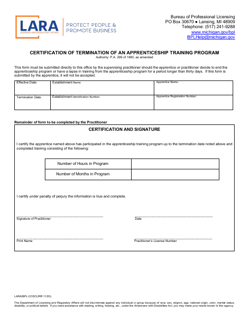 Form LARA/BPL-COSCURR Certification of Termination of an Apprenticeship Training Program - Michigan