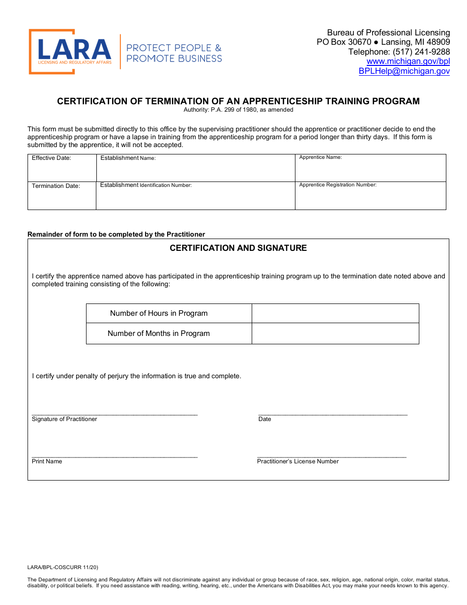 Form LARA / BPL-COSCURR Certification of Termination of an Apprenticeship Training Program - Michigan, Page 1