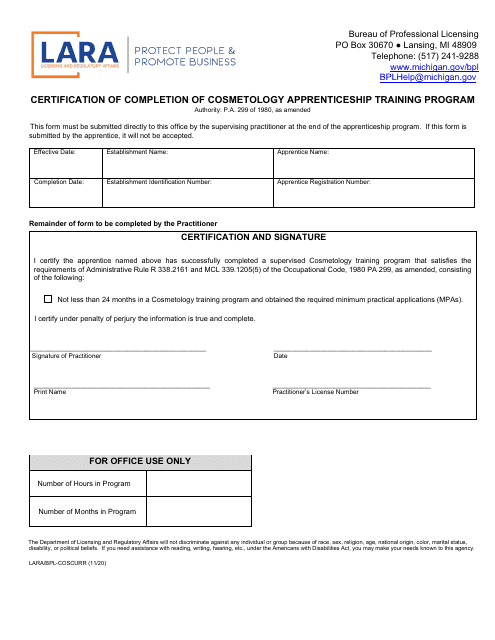 Form LARA/BPL-COSCURR Certification of Completion of Cosmetology Apprenticeship Training Program - Michigan