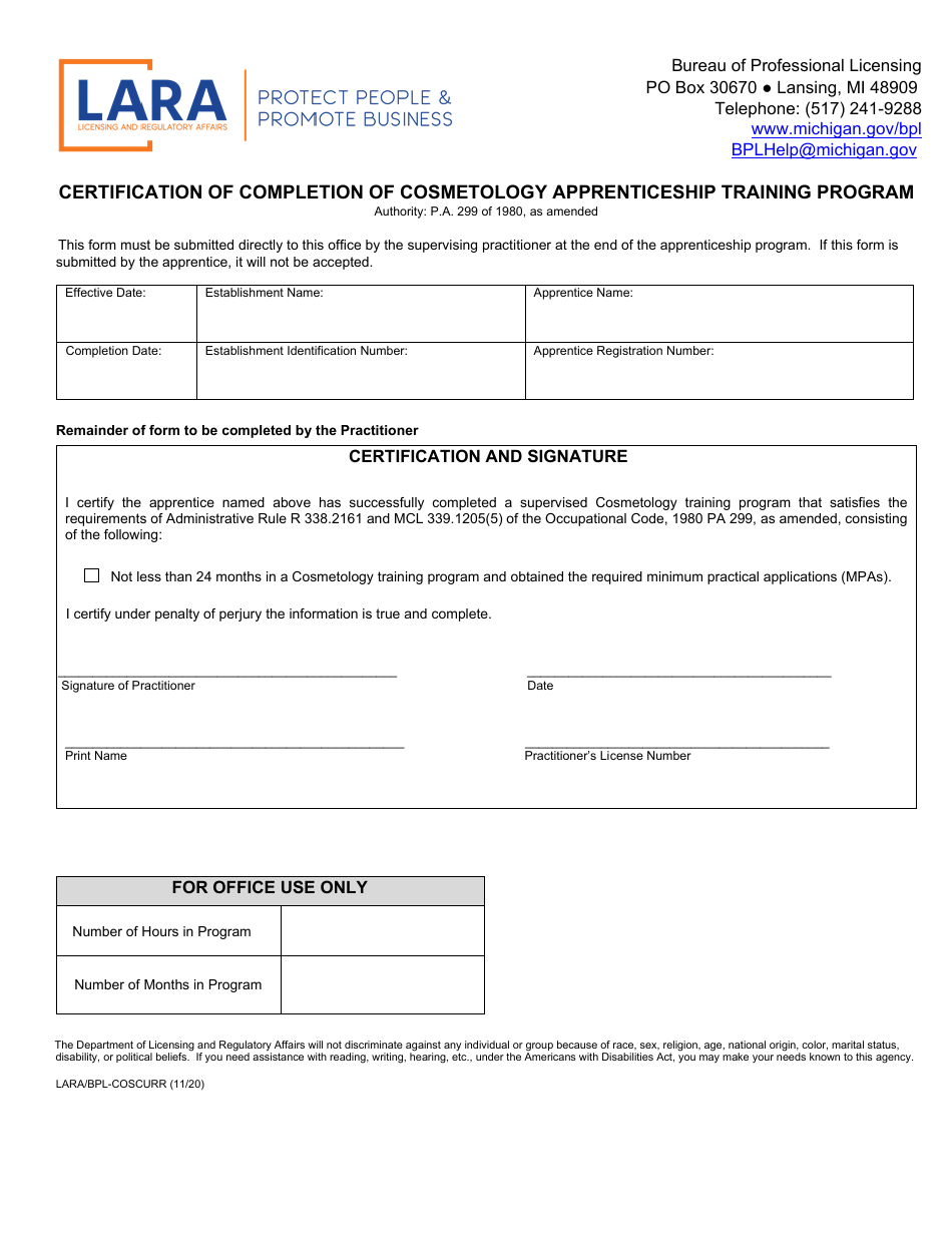 Form LARA / BPL-COSCURR Certification of Completion of Cosmetology Apprenticeship Training Program - Michigan, Page 1