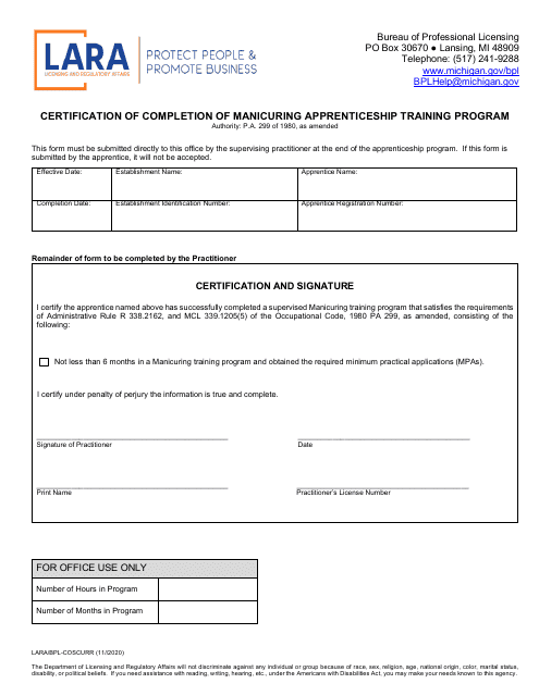 Form LARA/BPL-COSCURR Certification of Completion of Manicuring Apprenticeship Training Program - Michigan