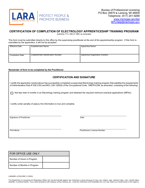 Form LARA/BPL-COSCURR Certification of Completion of Electrology Apprenticeship Training Program - Michigan