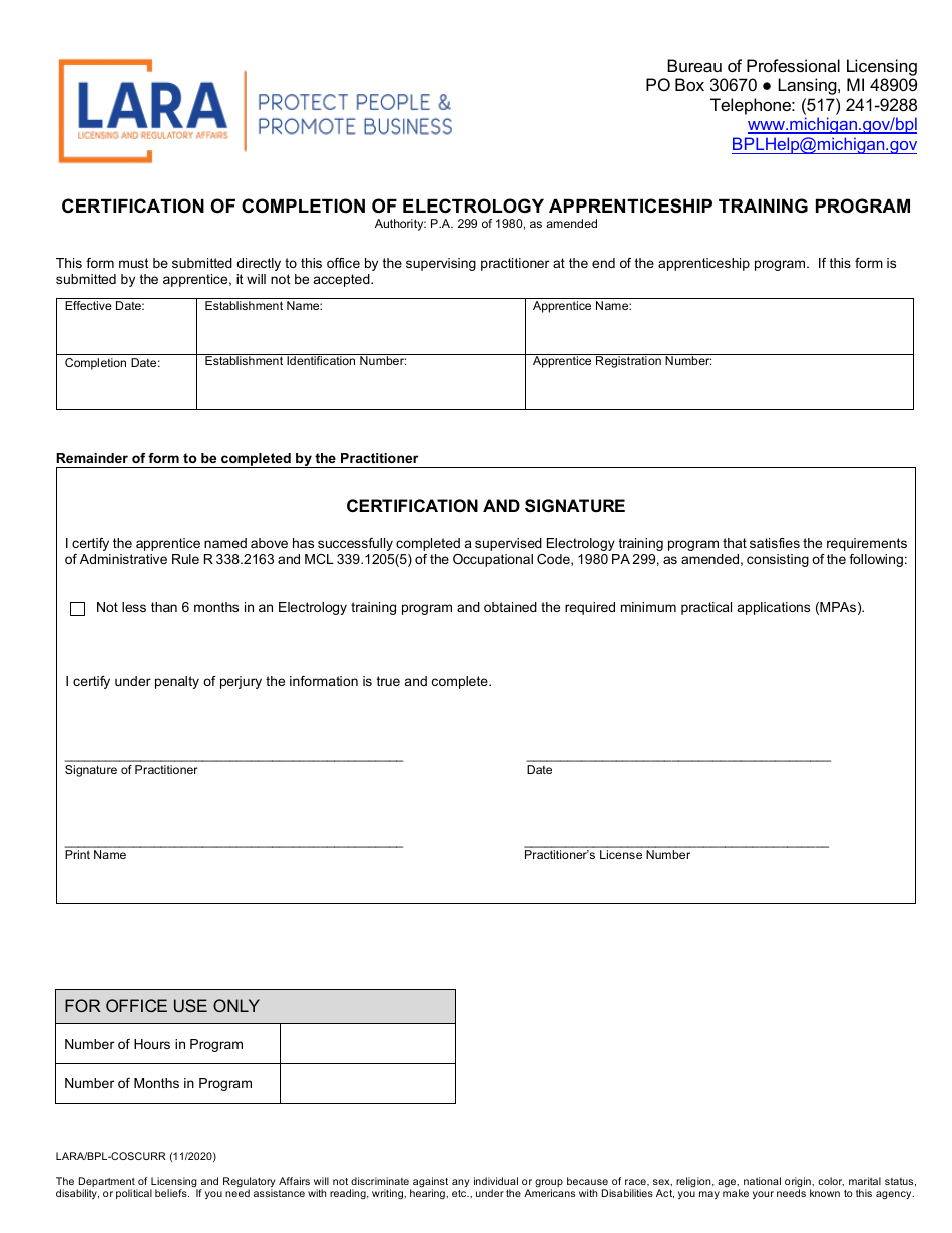 Form LARA / BPL-COSCURR Certification of Completion of Electrology Apprenticeship Training Program - Michigan, Page 1
