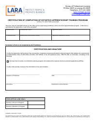 Document preview: Form LARA/BPL-COSCURR Certification of Completion of Esthetics Apprenticeship Training Program - Michigan