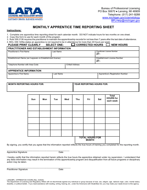 Form LARA/BPL- APPRENTICE HOURS Monthly Apprentice Time Reporting Sheet - Michigan