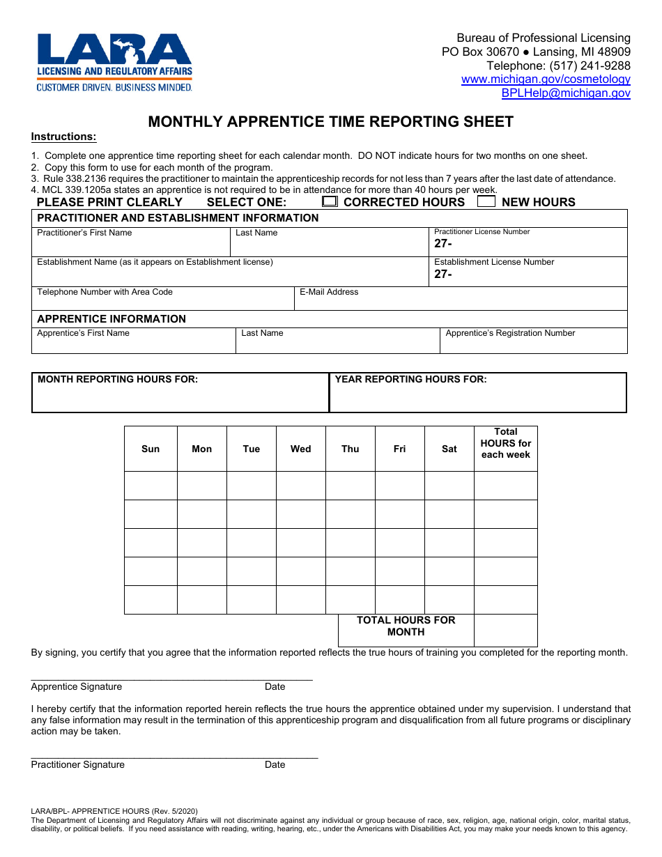 Form LARA / BPL- APPRENTICE HOURS Monthly Apprentice Time Reporting Sheet - Michigan, Page 1
