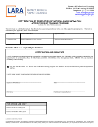 Document preview: Form LARA/BPL-COSCURR Certification of Completion of Natural Hair Cultivation Apprenticeship Training Program - Michigan
