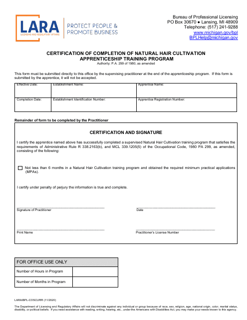Form LARA/BPL-COSCURR Certification of Completion of Natural Hair Cultivation Apprenticeship Training Program - Michigan