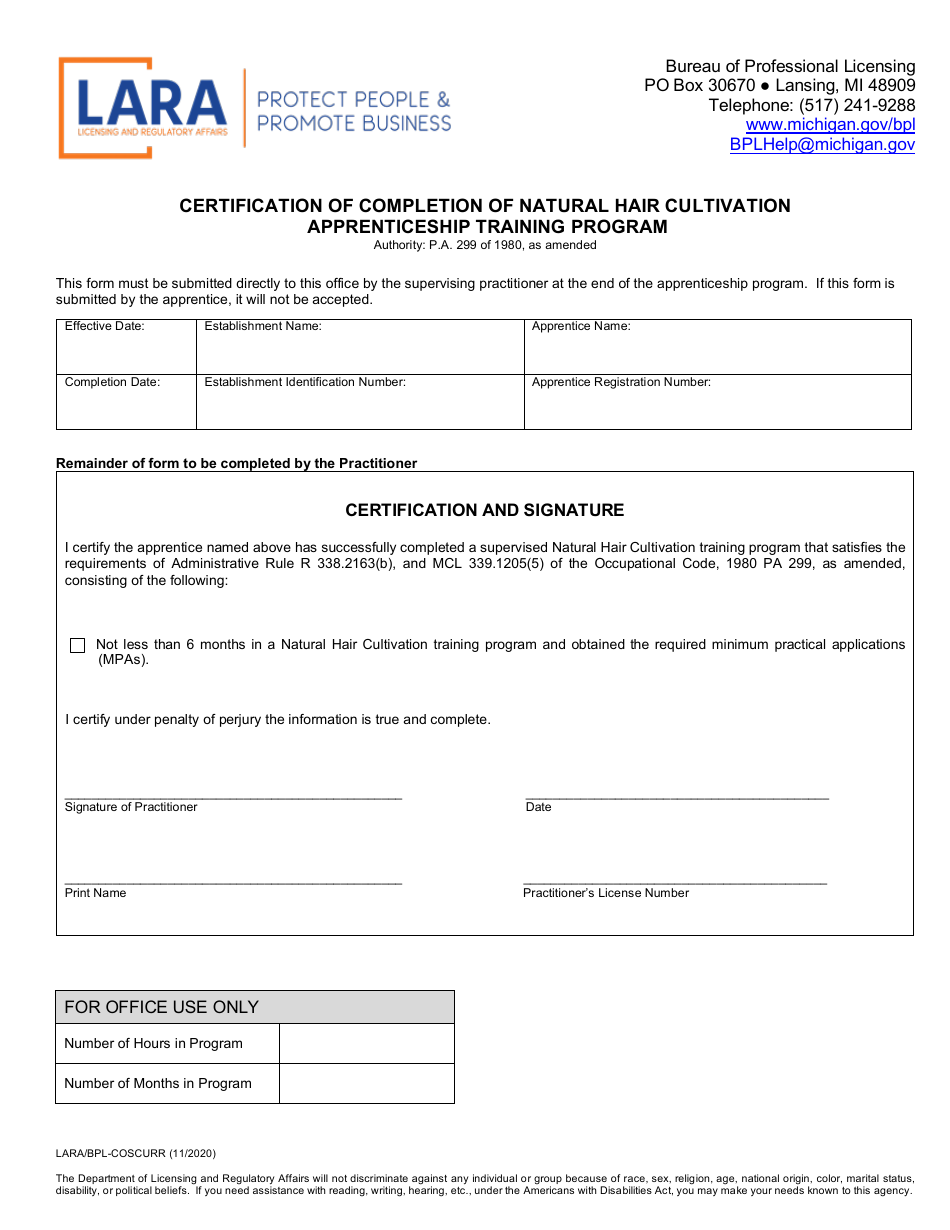 Form LARA / BPL-COSCURR Certification of Completion of Natural Hair Cultivation Apprenticeship Training Program - Michigan, Page 1