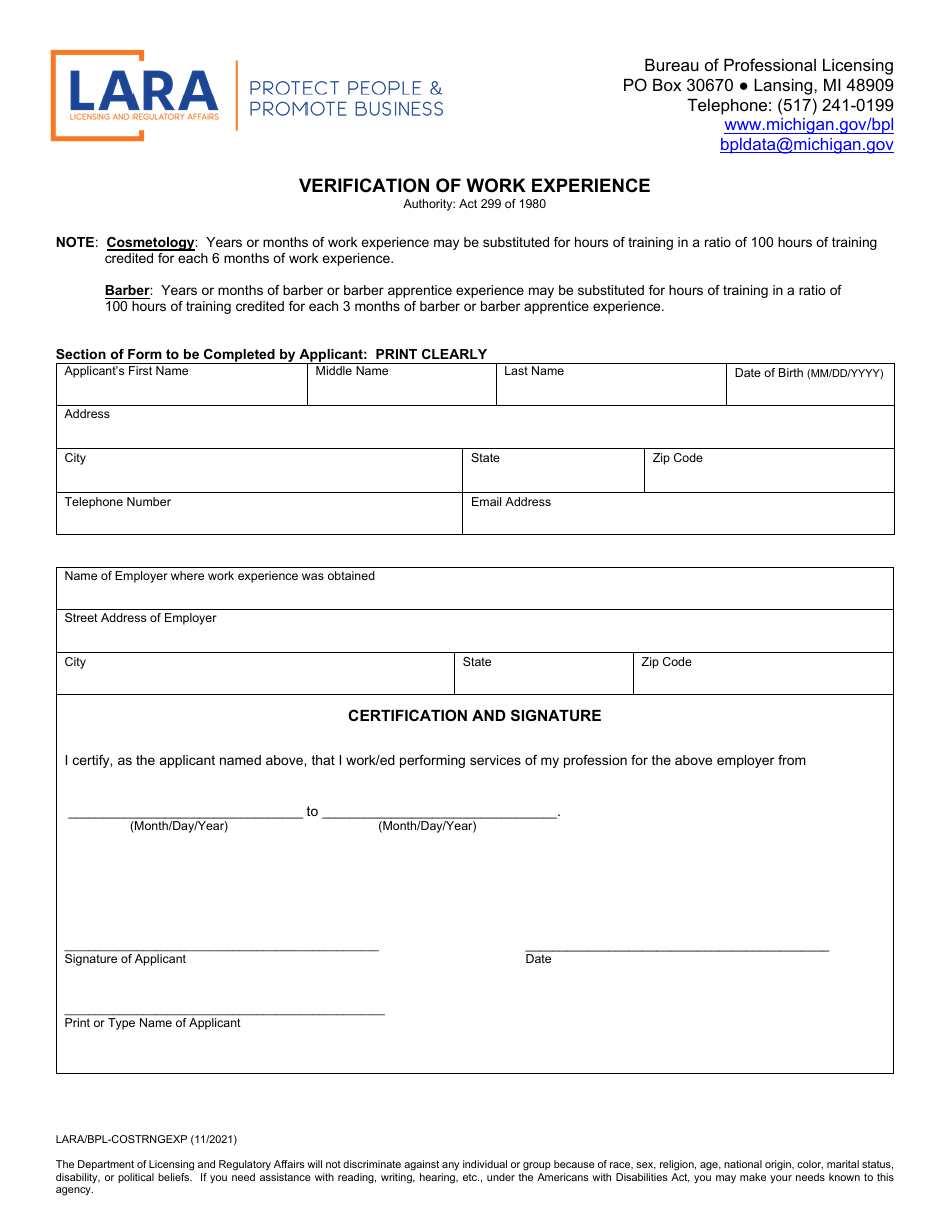 Form LARA / BPL-COSTRNGEXP Verification of Work Experience - Michigan, Page 1