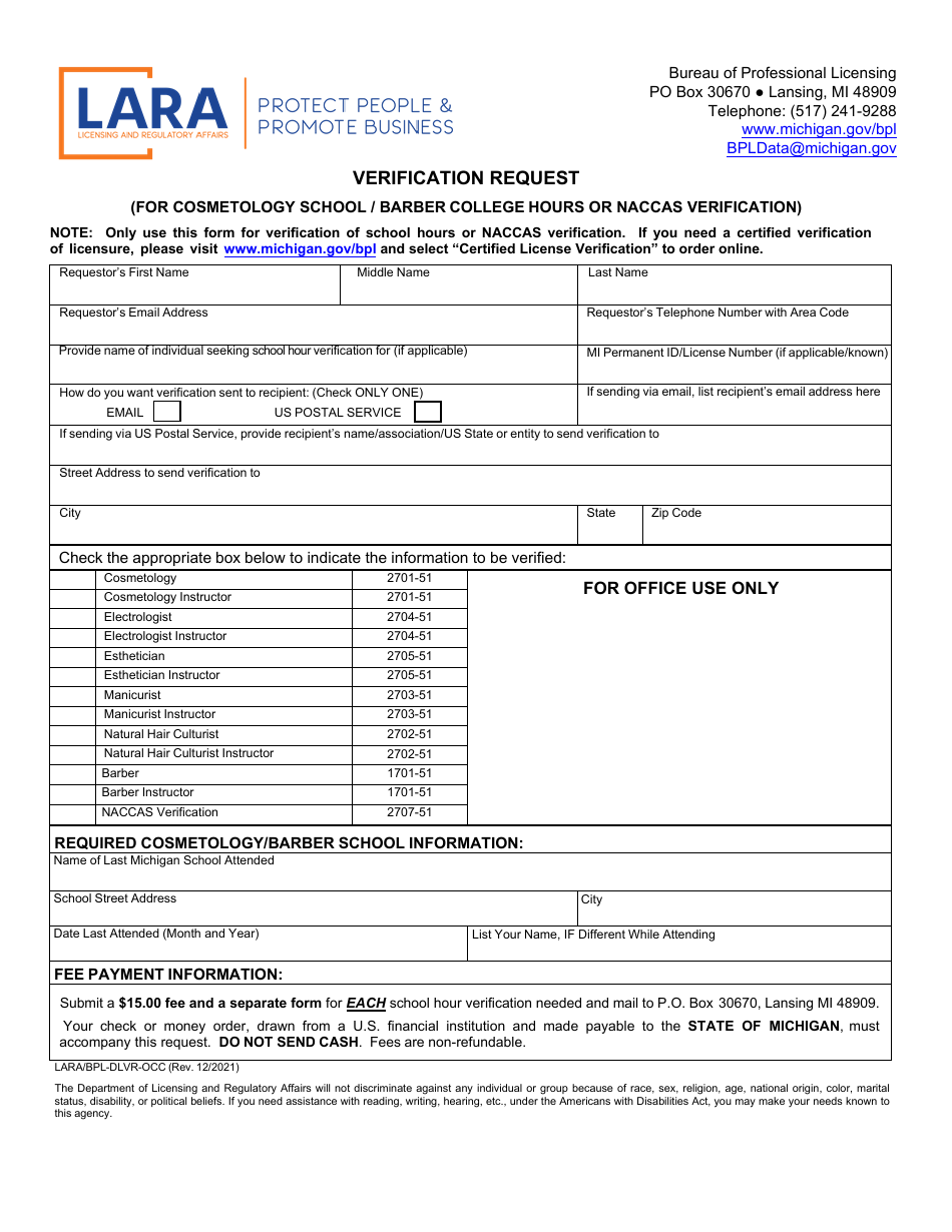 Form LARA / BPL-DLVR-OCC Verification Request (For Cosmetology School / Barber College Hours or Naccas Verification) - Michigan, Page 1