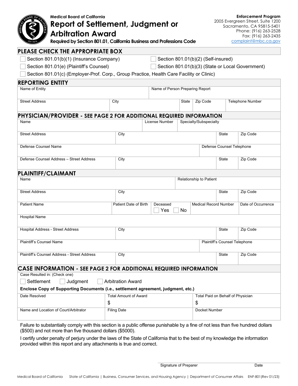 Form ENF-801 Report of Settlement, Judgment or Arbitration Award - California, Page 1