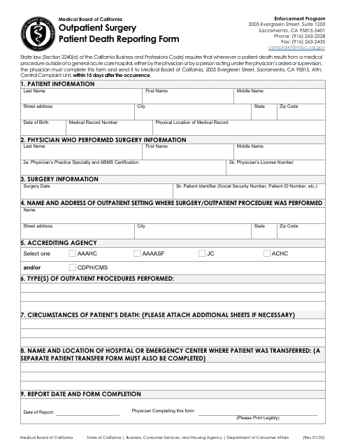 Outpatient Surgery - Patient Death Reporting Form - California Download Pdf