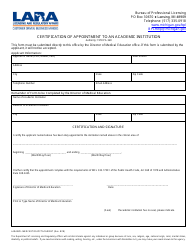 Document preview: Form LARA/BPL-MEDCERTOFAPPTACADINST Certification of Appointment to an Academic Institution - Michigan