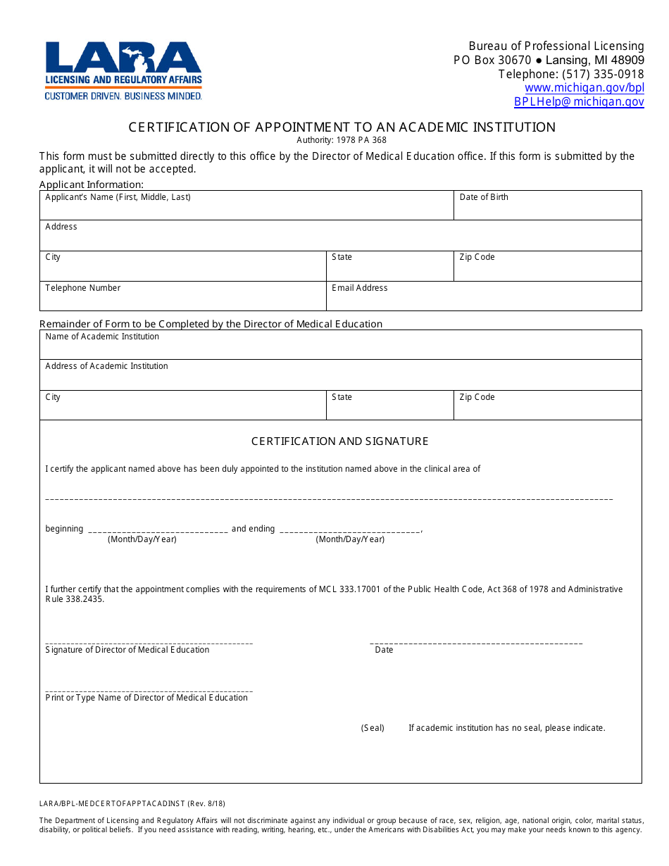 Form LARA / BPL-MEDCERTOFAPPTACADINST Certification of Appointment to an Academic Institution - Michigan, Page 1