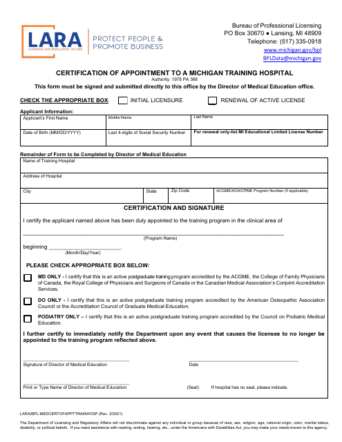 Form LARA/BPL-MEDCERTOFAPPTTRAINHOSP Certification of Appointment to a Michigan Training Hospital - Michigan