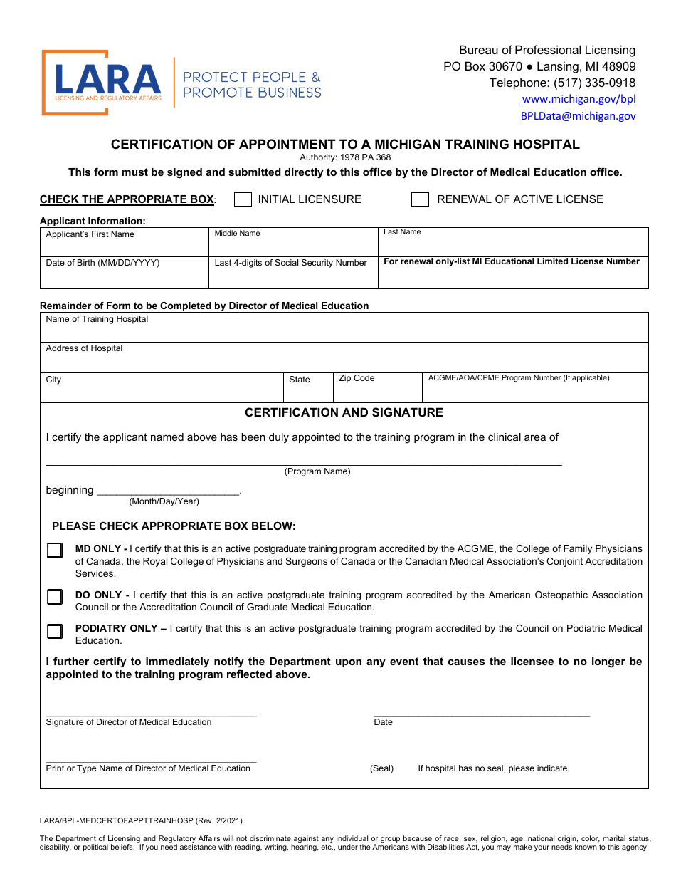 Form LARA / BPL-MEDCERTOFAPPTTRAINHOSP Certification of Appointment to a Michigan Training Hospital - Michigan, Page 1