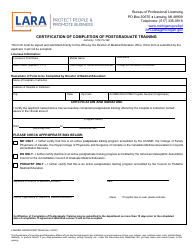 Document preview: Form LARA/BPL-MED/DOCERTTRAIN Certification of Completion of Postgraduate Training - Michigan
