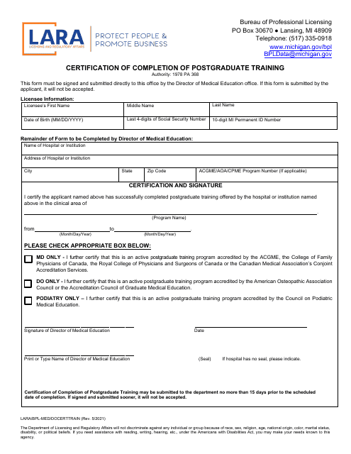 Form LARA/BPL-MED/DOCERTTRAIN Certification of Completion of Postgraduate Training - Michigan