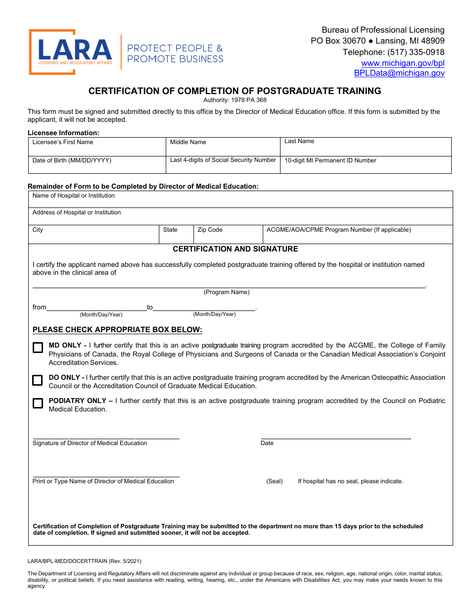 Form LARA / BPL-MED / DOCERTTRAIN Certification of Completion of Postgraduate Training - Michigan, Page 1
