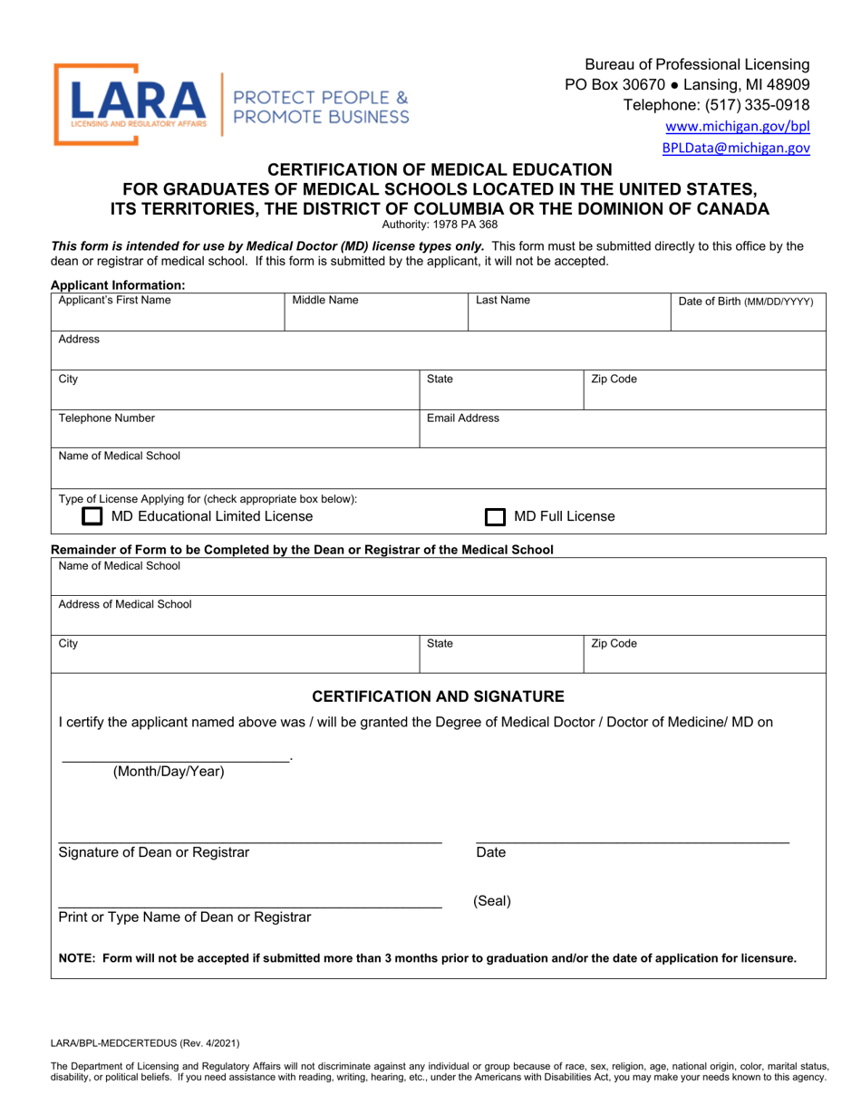 Form LARA / BPL-MEDCERTEDUS Certification of Medical Education for Graduates of Medical Schools Located in the United States, Its Territories, the District of Columbia or the Dominion of Canada - Michigan, Page 1