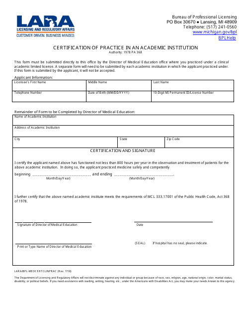 Form LARA/BPL-MEDCERTCLINPRAC Certification of Practice in an Academic Institution - Michigan