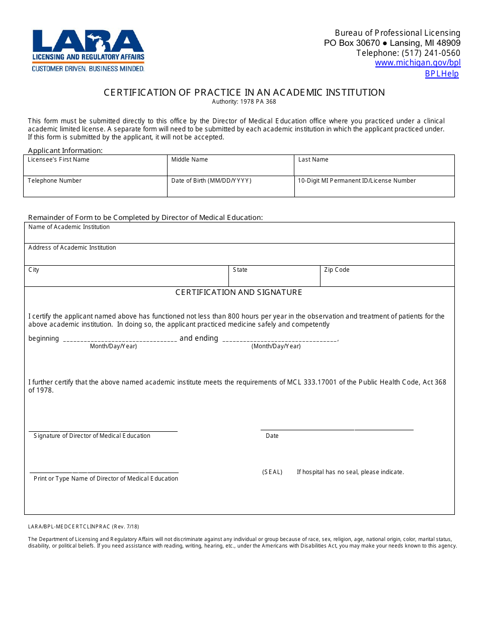 Form LARA / BPL-MEDCERTCLINPRAC Certification of Practice in an Academic Institution - Michigan, Page 1