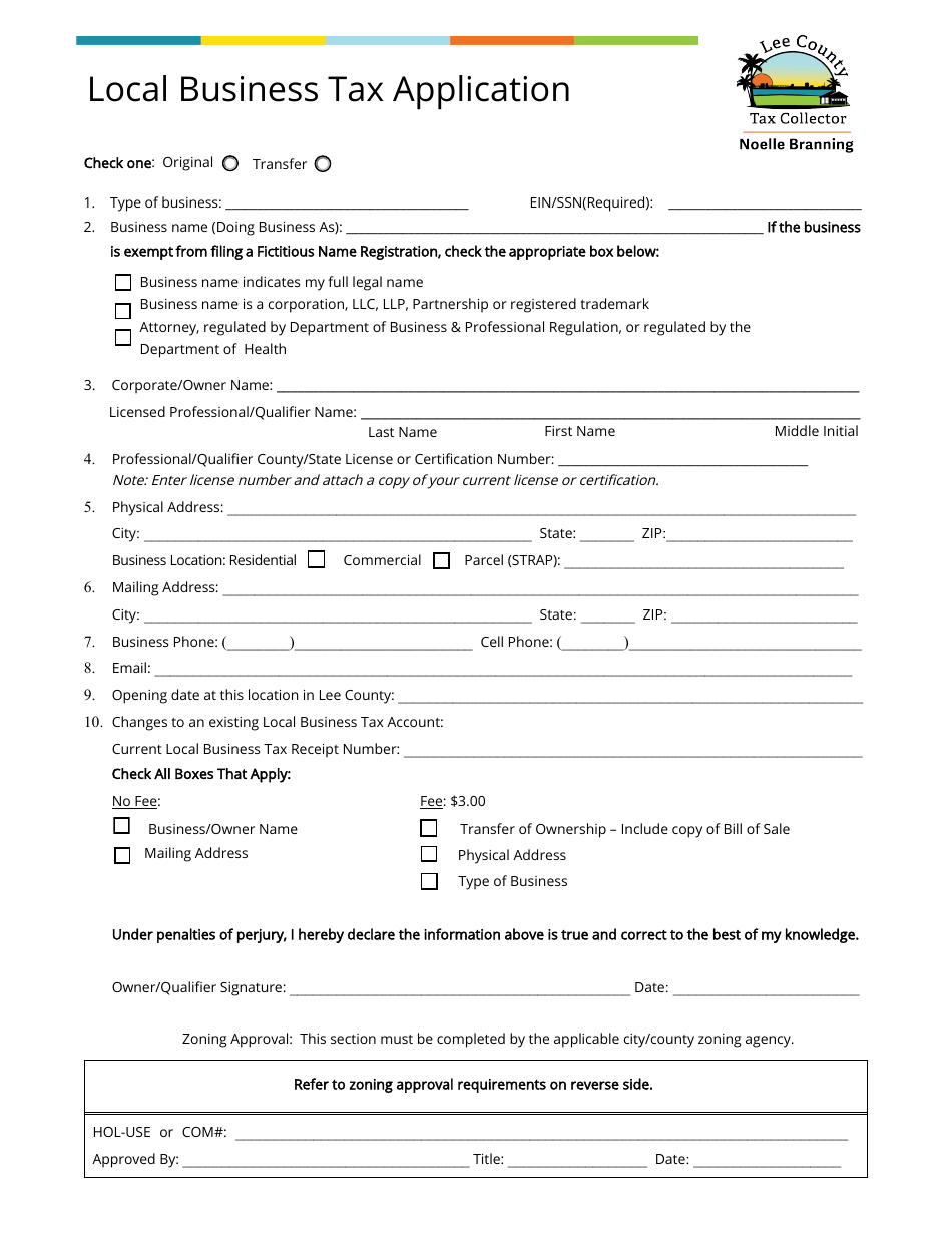 Form 151 Local Business Tax Application - Lee County, Florida, Page 1